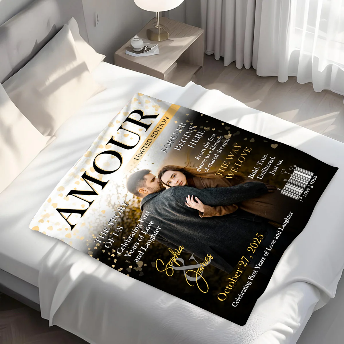 Personalized Amour Magazine Cover, Custom Couple Newspaper Blanket, Romantic Love Story Gift - Image 2