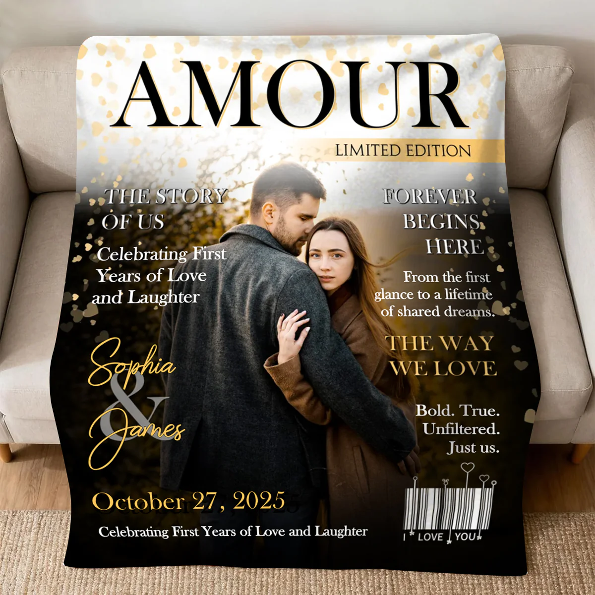 Personalized Amour Magazine Cover, Custom Couple Newspaper Blanket, Romantic Love Story Gift - Image 4