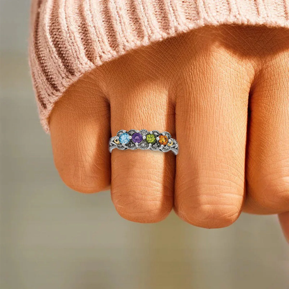 Personalized Antiqued Diamond accent Mother's Birthstone Ring 2 - 5 Stones - Image 11