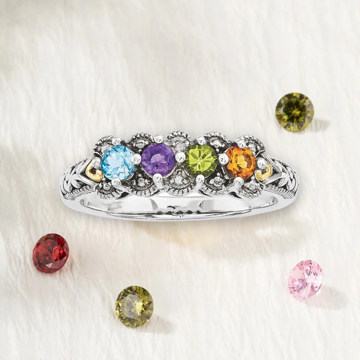 Personalized Antiqued Diamond accent Mother's Birthstone Ring 2 - 5 Stones - Image 2
