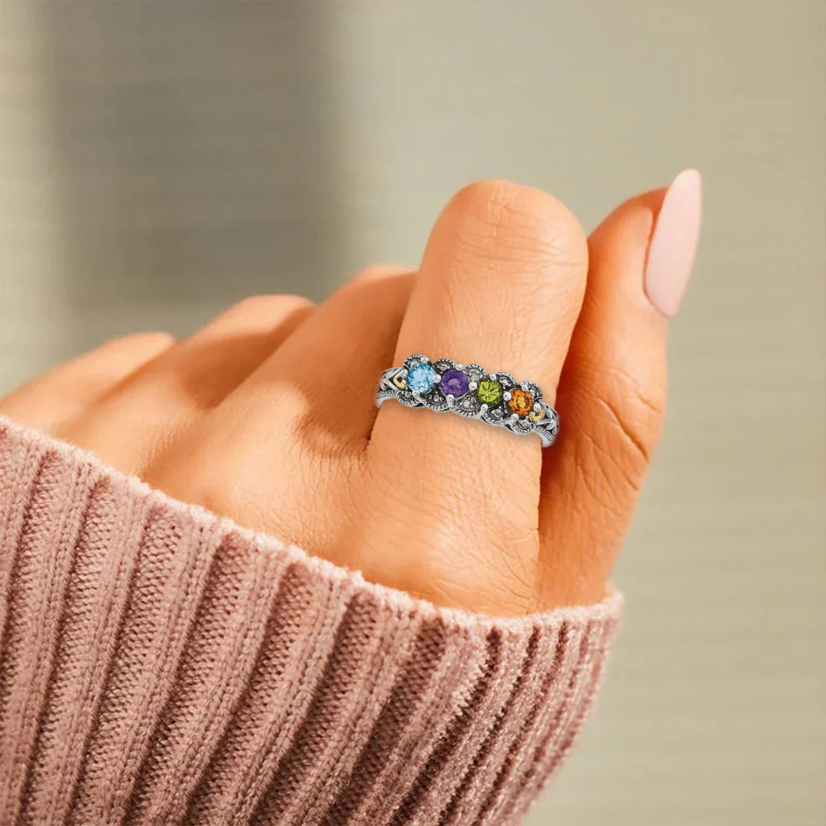 Personalized Antiqued Diamond accent Mother's Birthstone Ring 2 - 5 Stones - Image 3