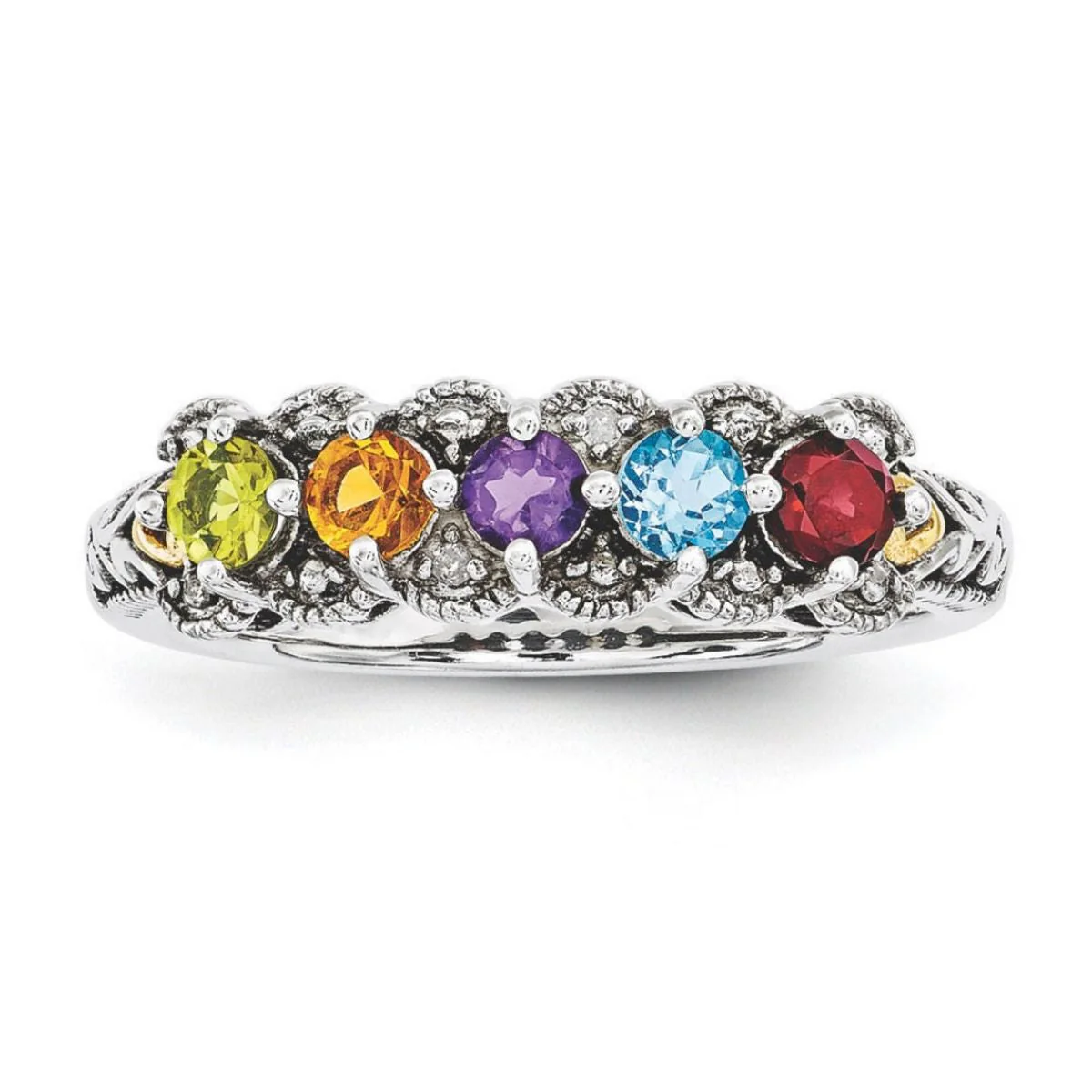 Personalized Antiqued Diamond accent Mother's Birthstone Ring 2 - 5 Stones - Image 4