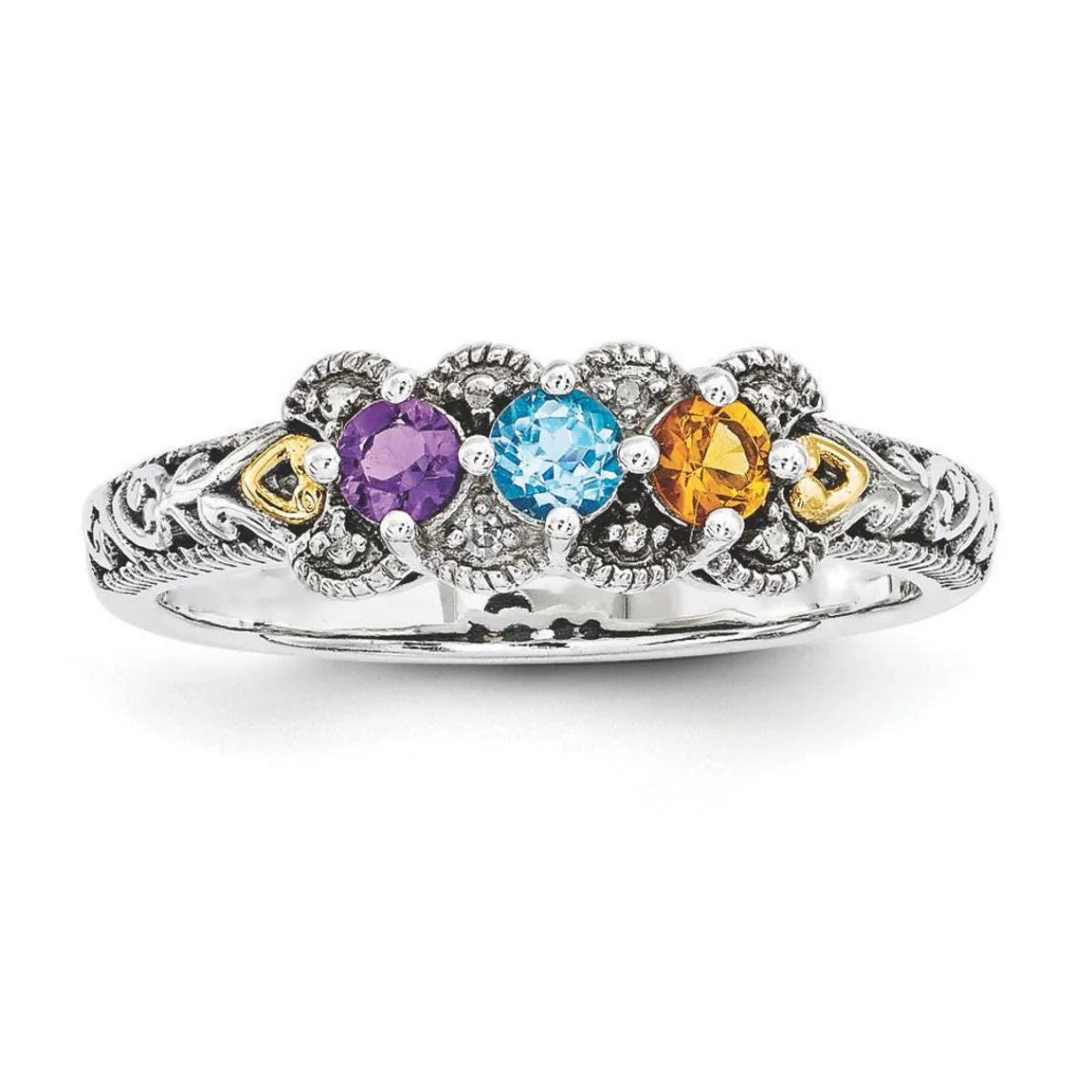 Personalized Antiqued Diamond accent Mother's Birthstone Ring 2 - 5 Stones - Image 6