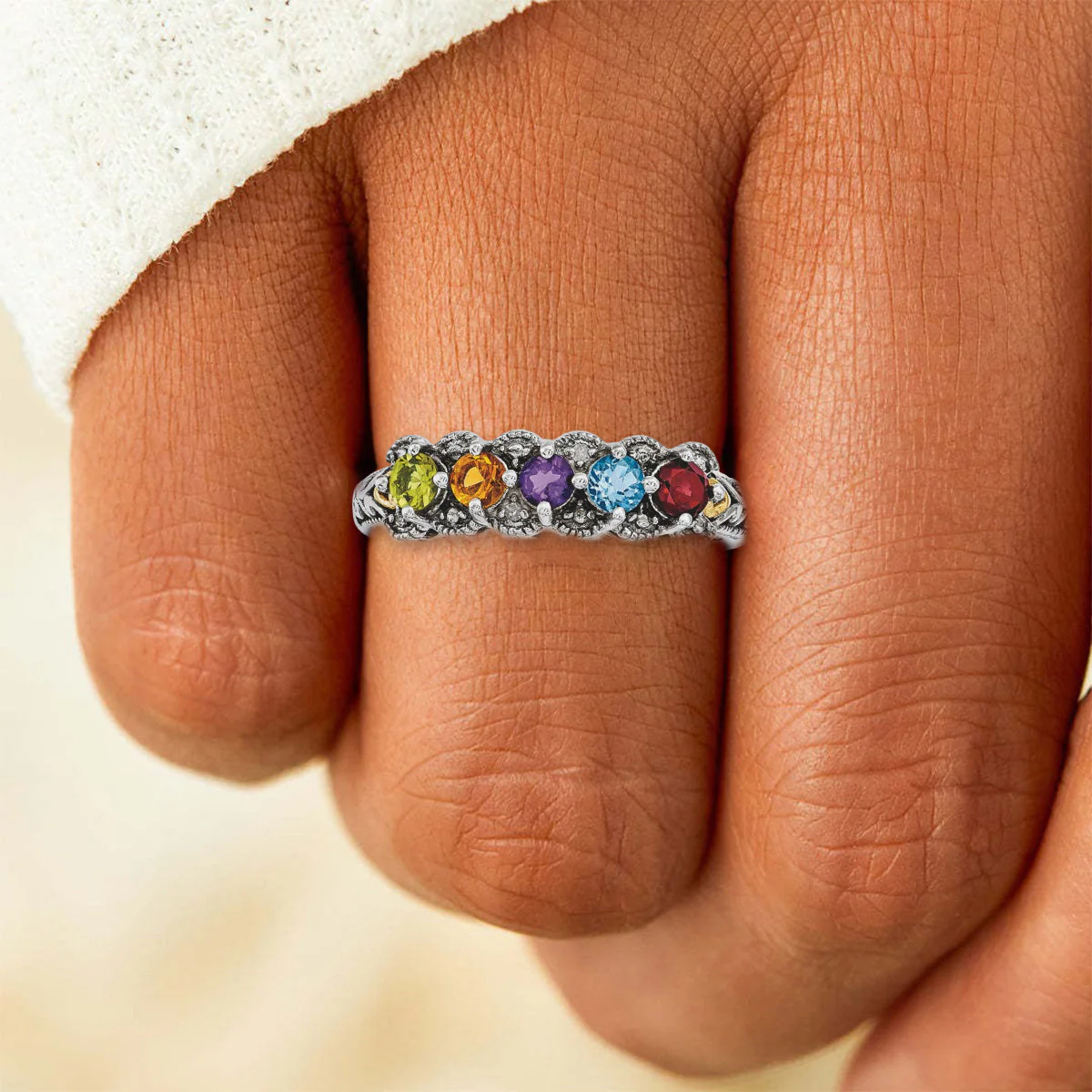 Personalized Antiqued Diamond accent Mother's Birthstone Ring 2 - 5 Stones - Image 7