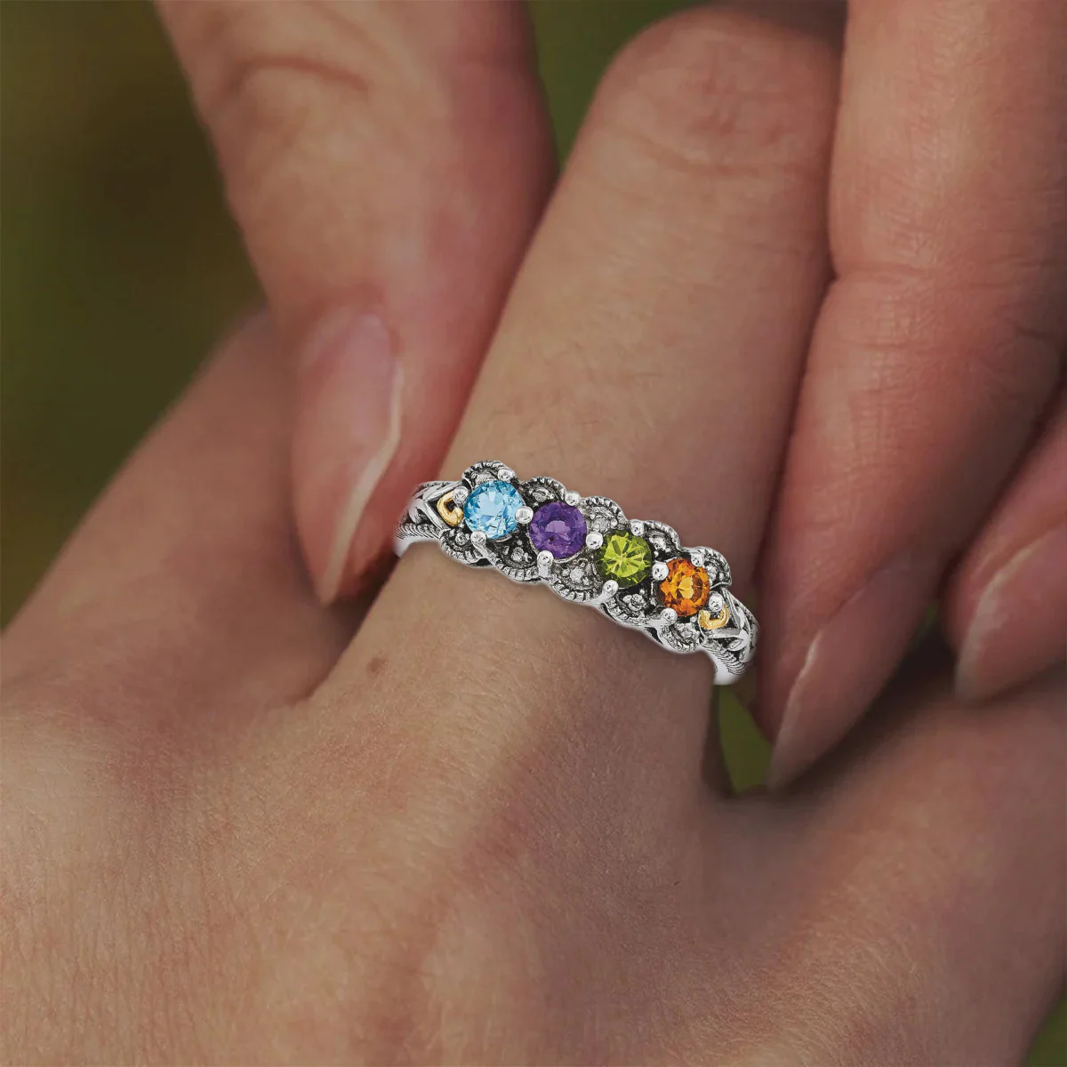 Personalized Antiqued Diamond accent Mother's Birthstone Ring 2 - 5 Stones - Image 8