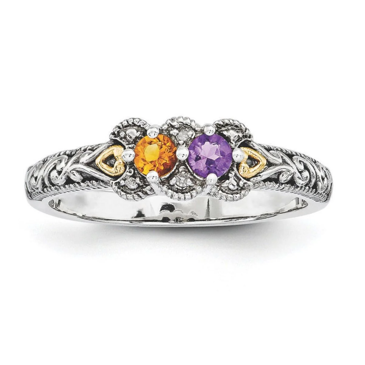 Personalized Antiqued Diamond accent Mother's Birthstone Ring 2 - 5 Stones - Image 9