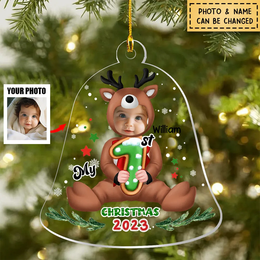 Personalized Baby Reindeer Upload Photo My 1st Christmas Acrylic Ornament - Image 2