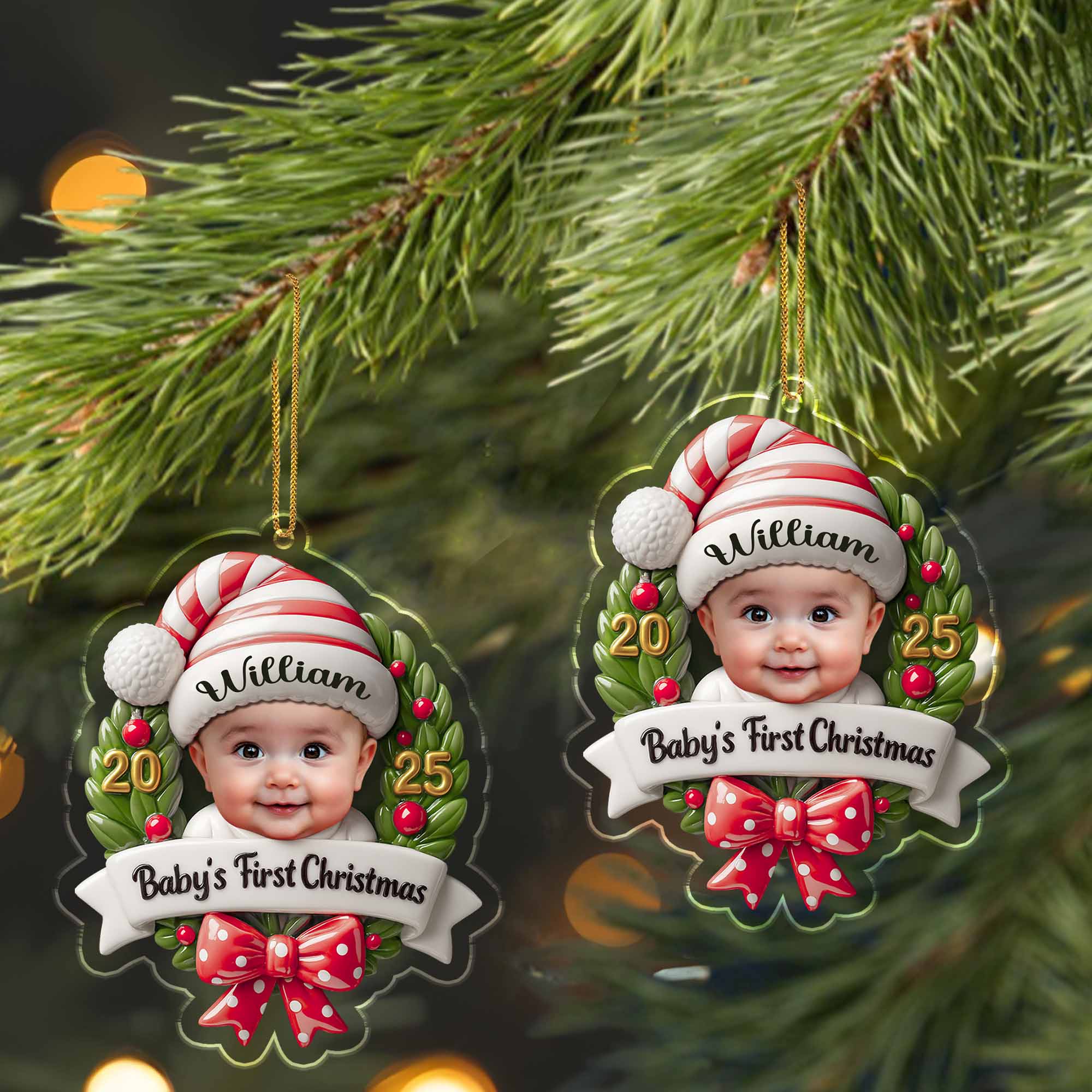 Personalized Baby's First Christmas Baby and Christmas Wreath Ornament - Image 2