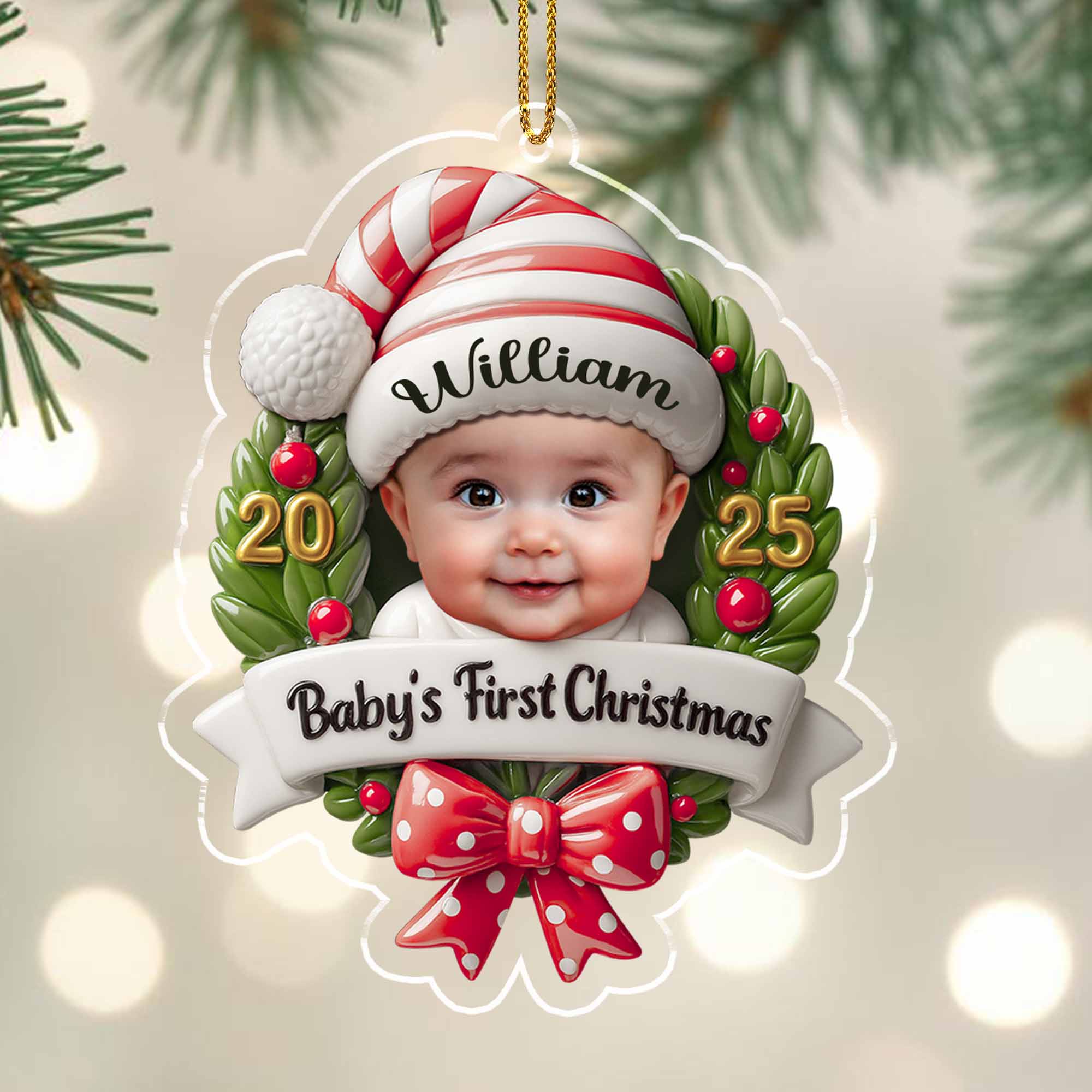 Personalized Baby's First Christmas Baby and Christmas Wreath Ornament - Image 4