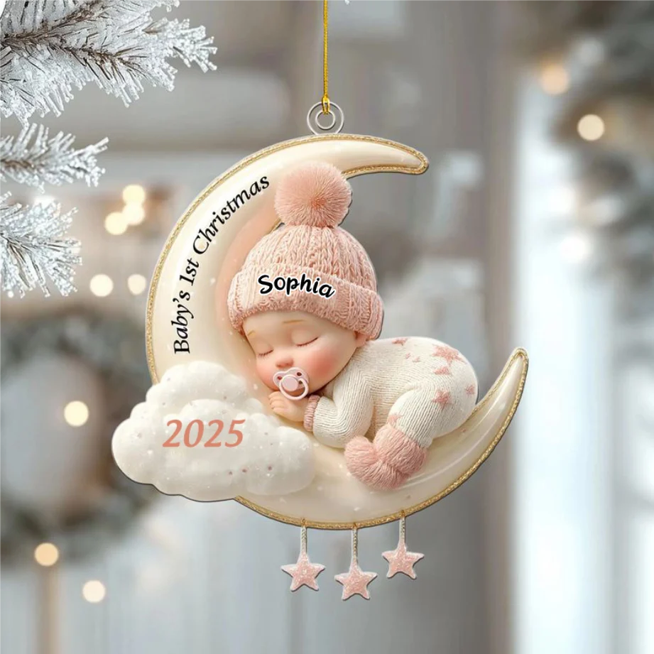 Personalized Baby's First Christmas Moon Acrylic Keepsake Ornament - Image 2