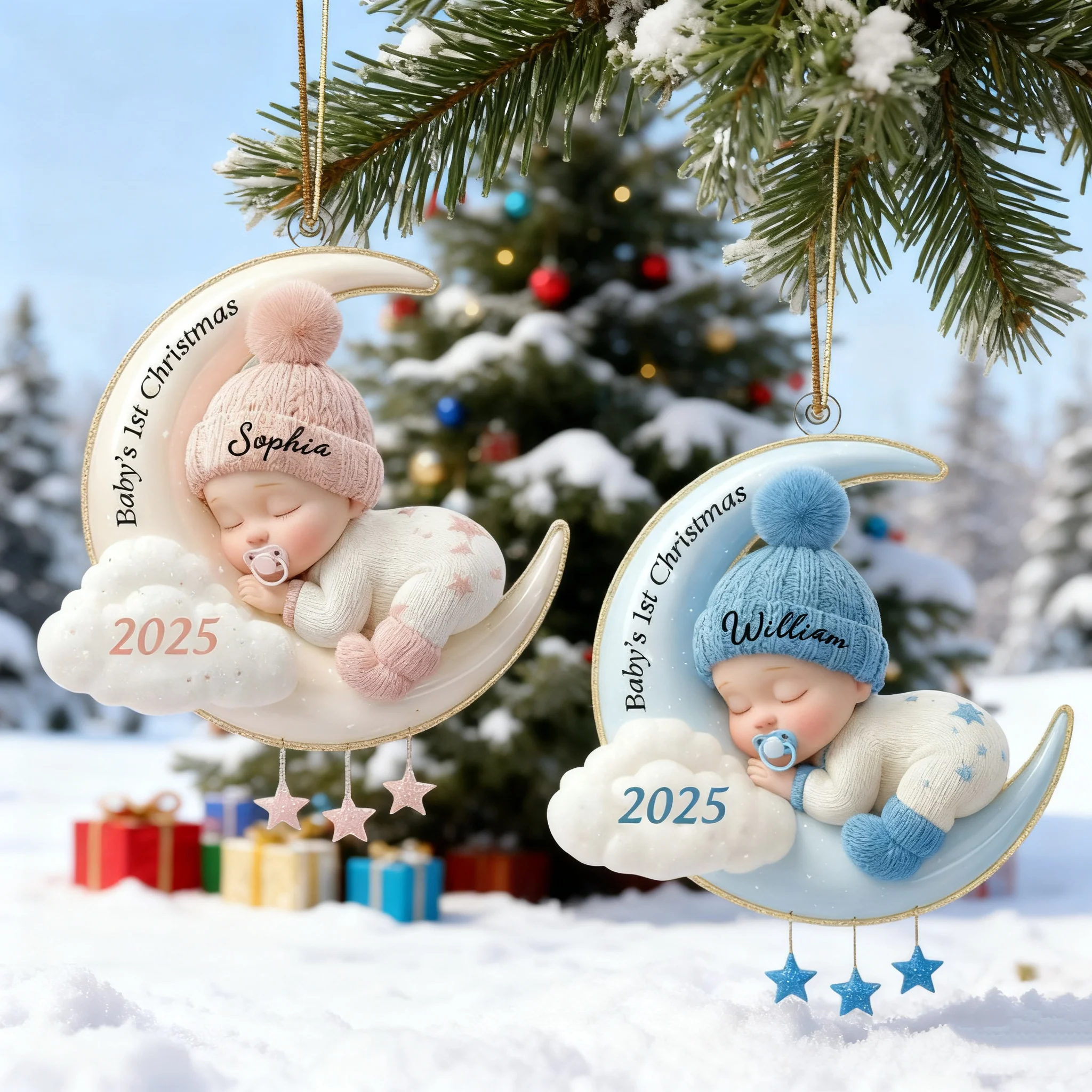 Personalized Baby's First Christmas Moon Acrylic Keepsake Ornament - Image 3