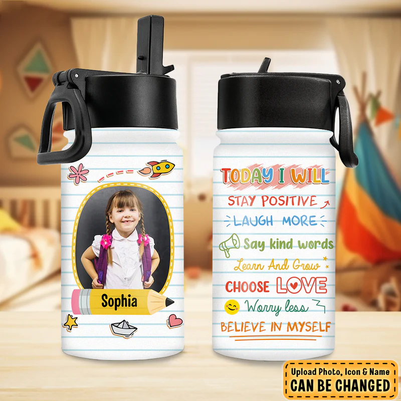 Personalized Back To School Affirmation Kids Water Bottle With Straw Lid - Image 2