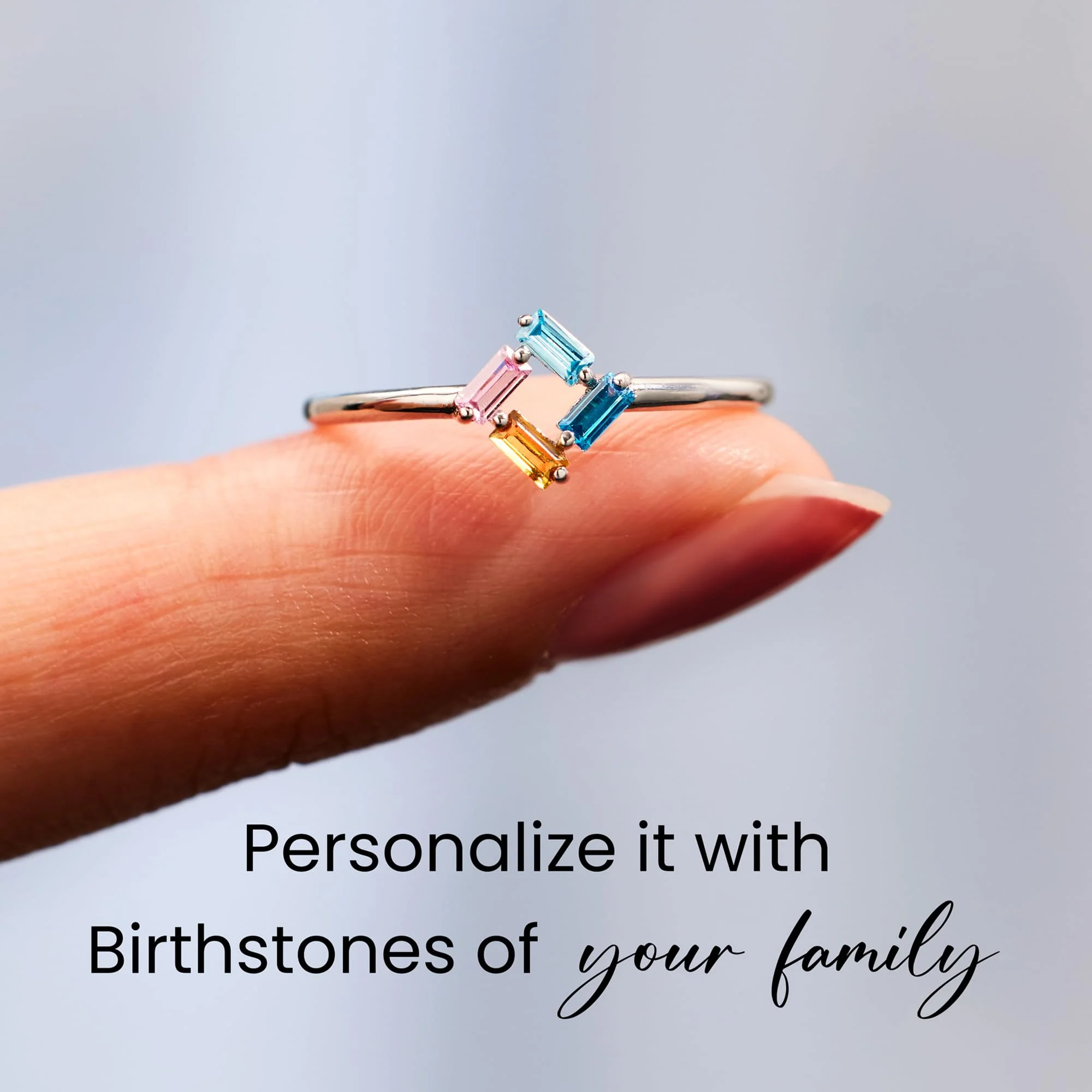 Personalized Baguette Mothers 3-6 Birthstones Family 925 Sliver Ring - Image 2