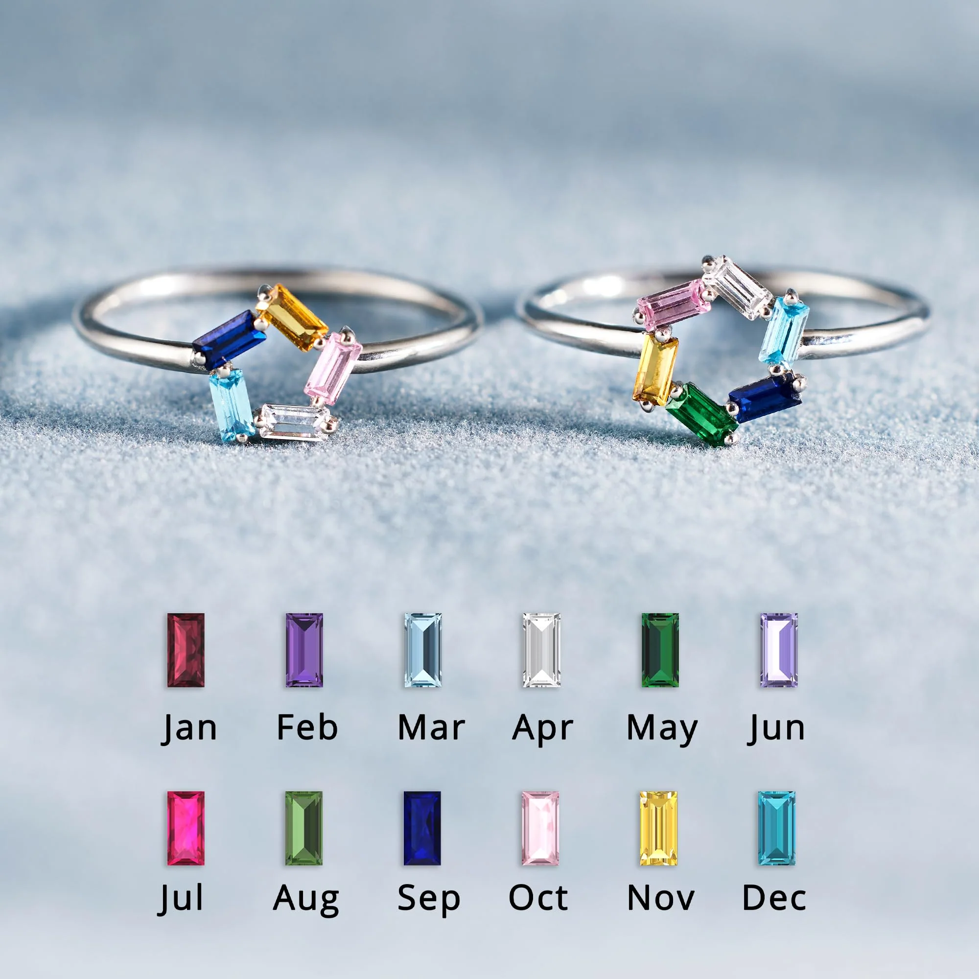 Personalized Baguette Mothers 3-6 Birthstones Family 925 Sliver Ring - Image 4