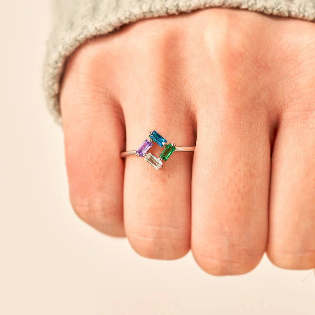 Personalized Baguette Mothers 3-6 Birthstones Family 925 Sliver Ring - Image 6