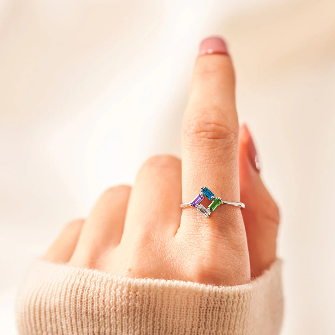 Personalized Baguette Mothers 3-6 Birthstones Family 925 Sliver Ring - Image 8