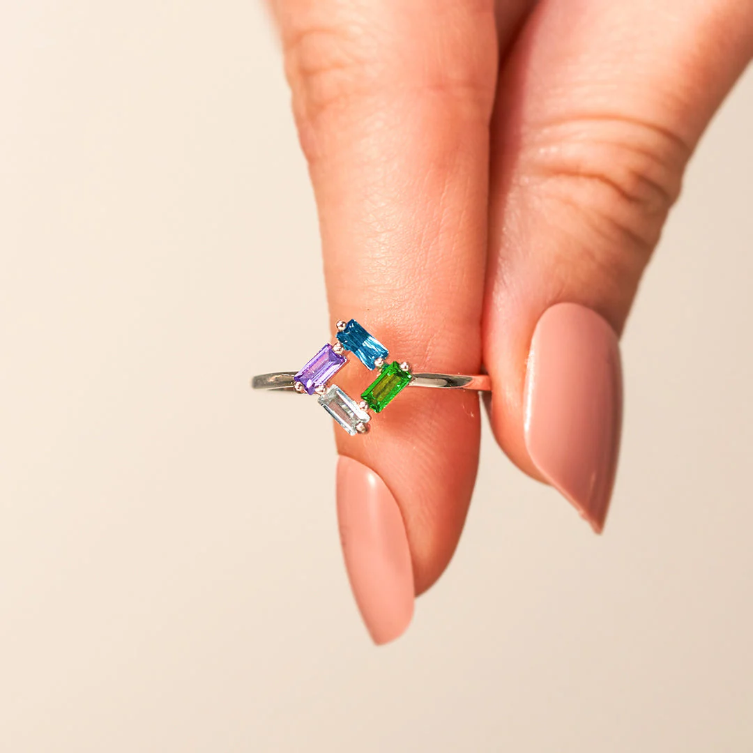 Personalized Baguette Mothers 3-6 Birthstones Family 925 Sliver Ring - Image 9