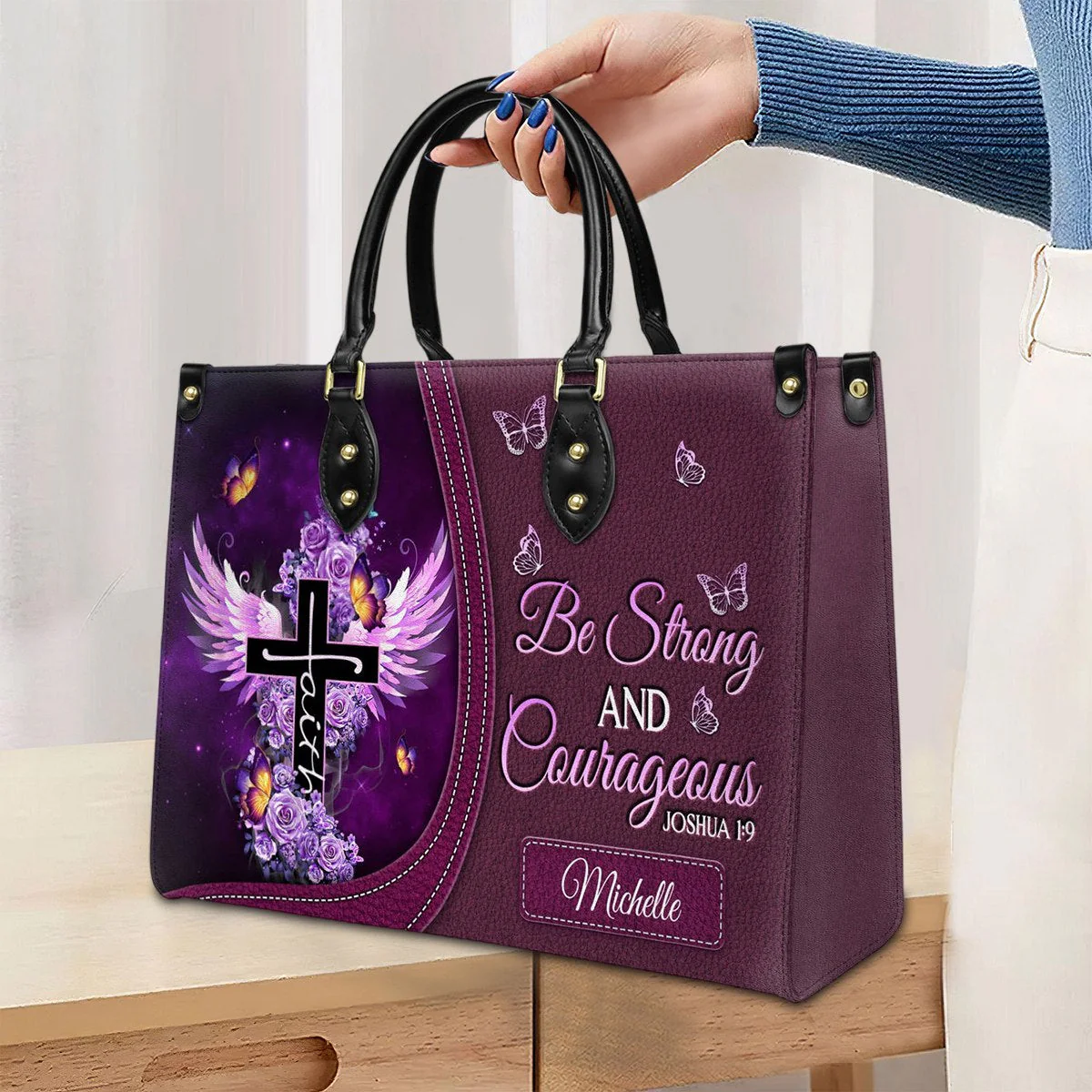 Personalized Be strong and courageous-Bible Verse Leather Bag - Image 7