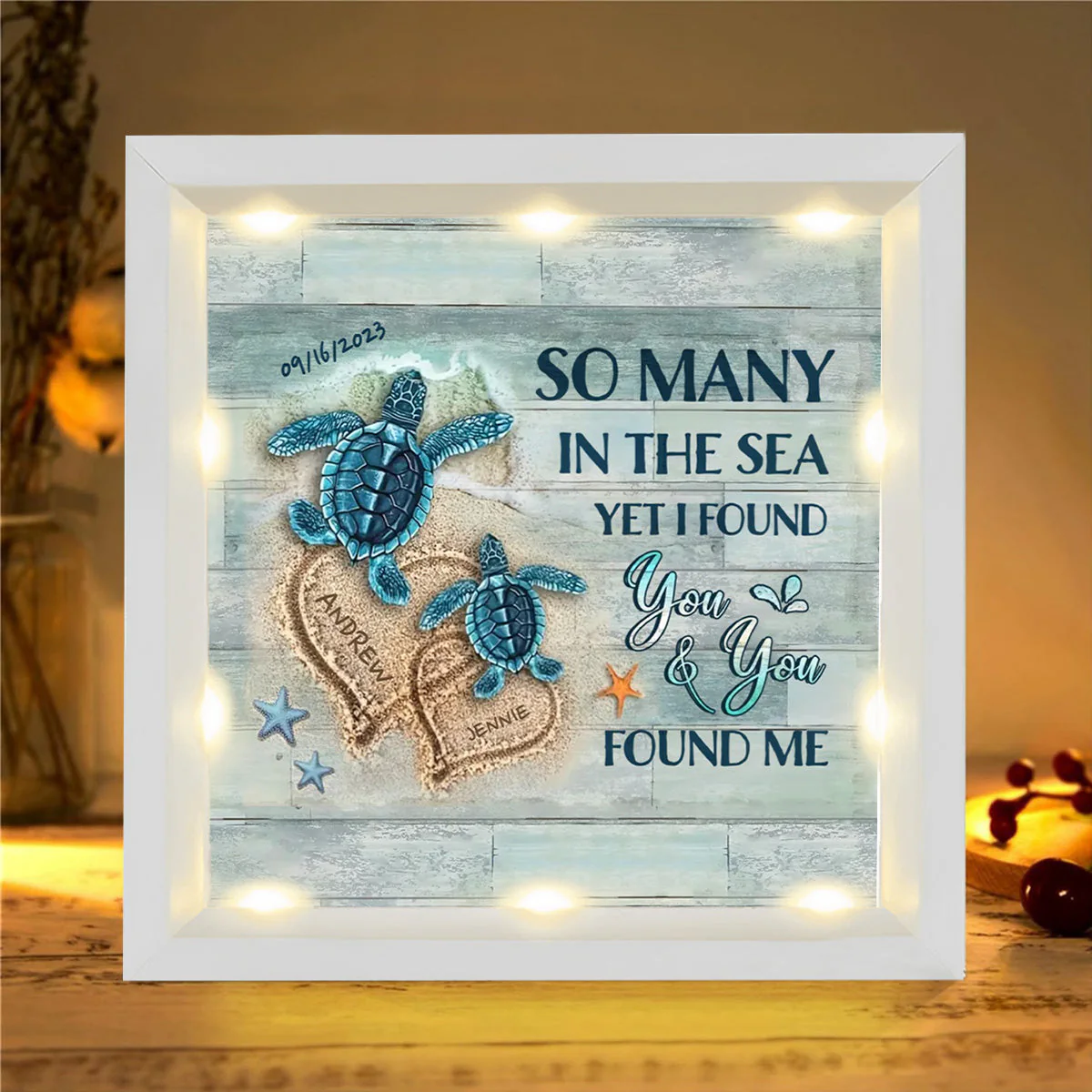 Personalized Beach and Turtles Couple Gift Light Shadow Box - Image 2