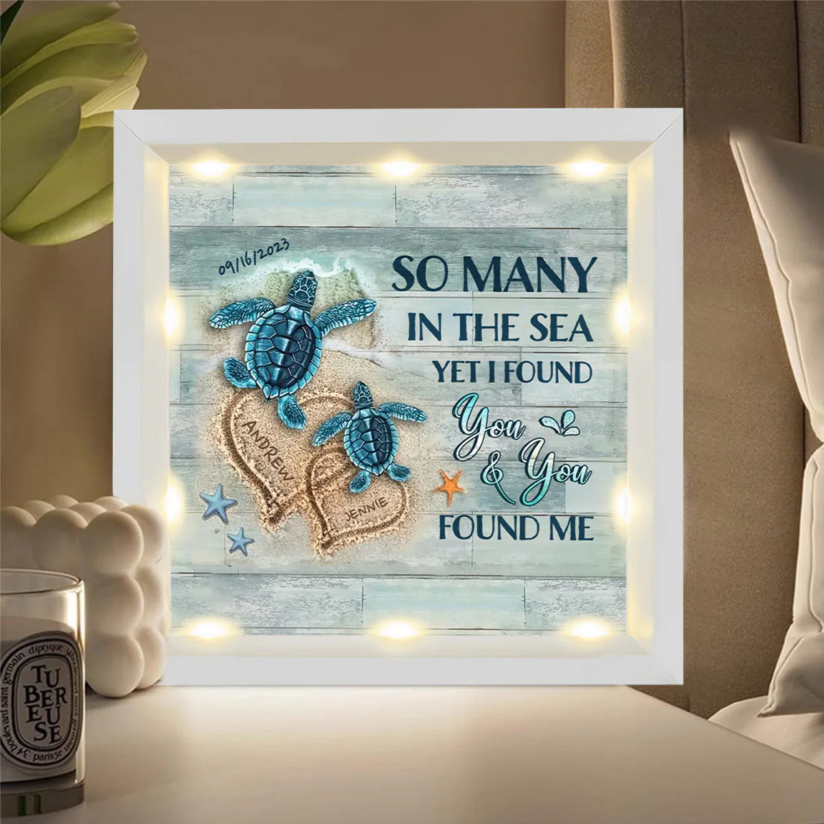Personalized Beach and Turtles Couple Gift Light Shadow Box - Image 3