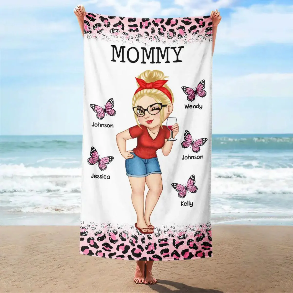 Personalized Soft Beach Towel - Butterflies Leopard Print Girl - Gift For Mom, Grandma, Kids - Image 2