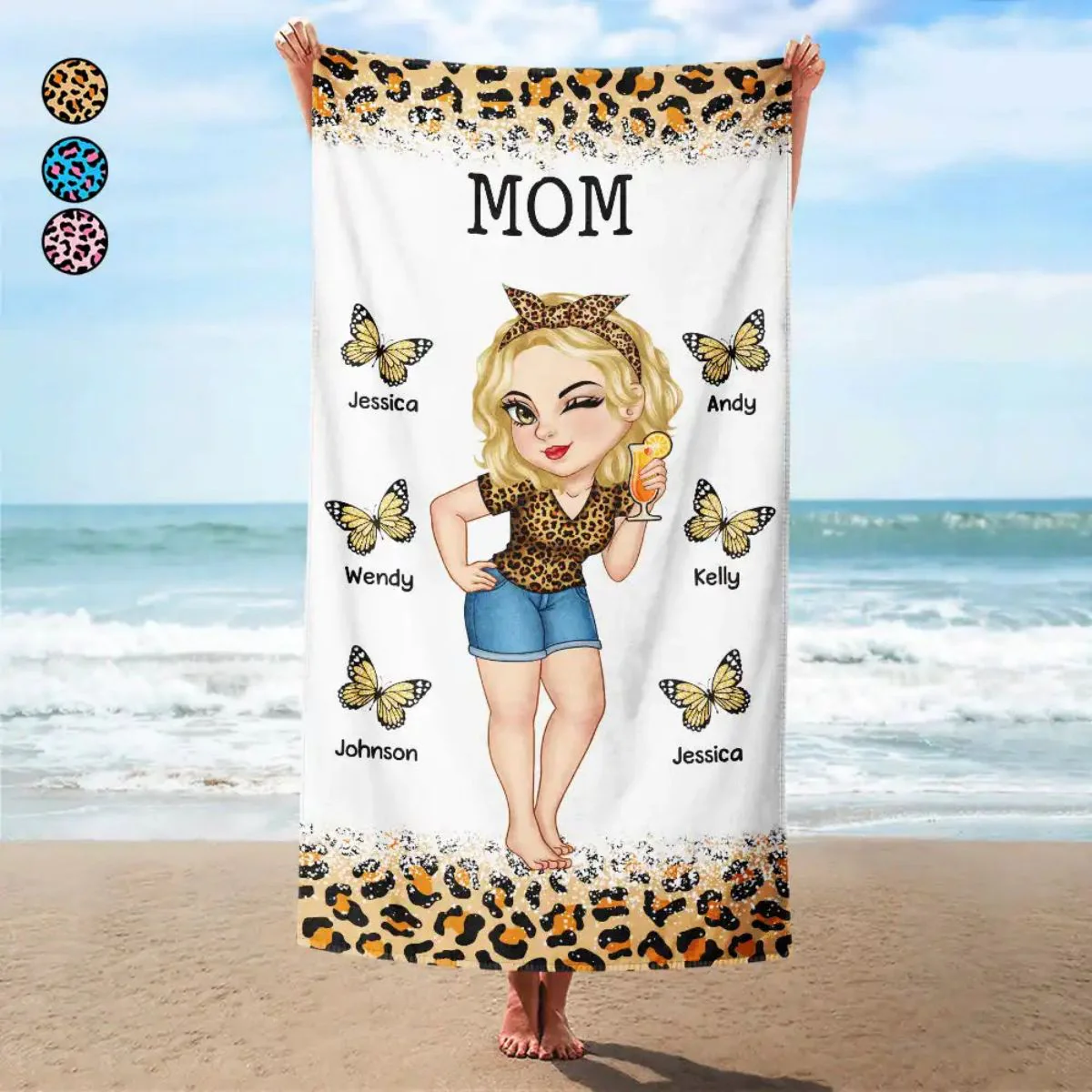 Personalized Soft Beach Towel - Butterflies Leopard Print Girl - Gift For Mom, Grandma, Kids - Image 3
