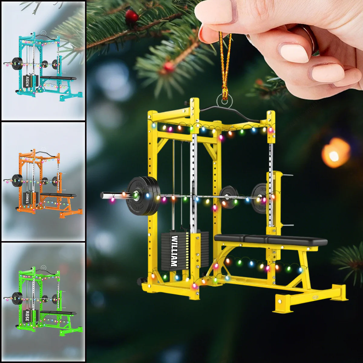 Personalized Bench Barbell & Dumbbell Christmas Ornament, Gym Training Weightlifting Fitness - Image 3