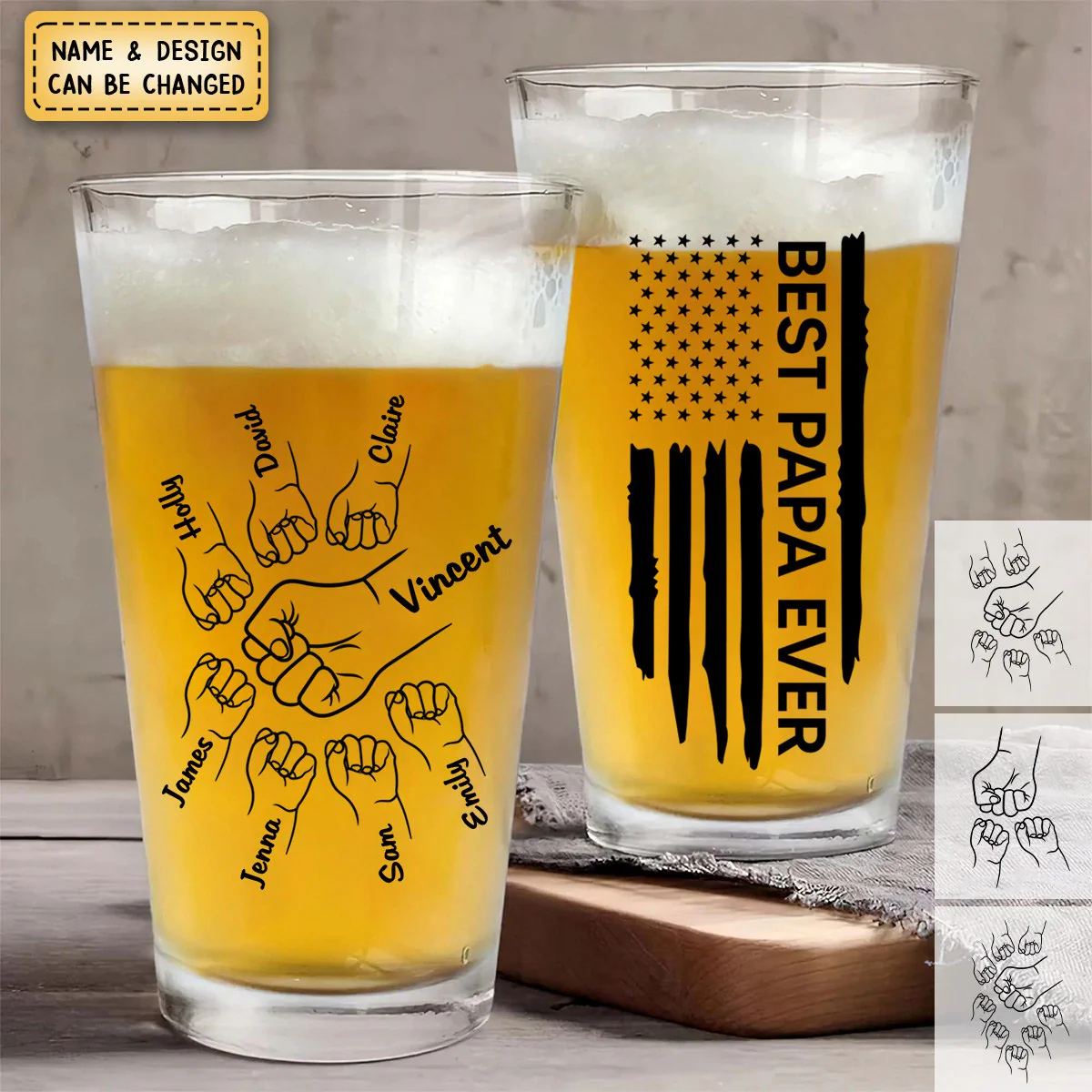 Personalized Best Dad Papa Grandpa Ever Fist Bump Outline Beer Glass - Image 4
