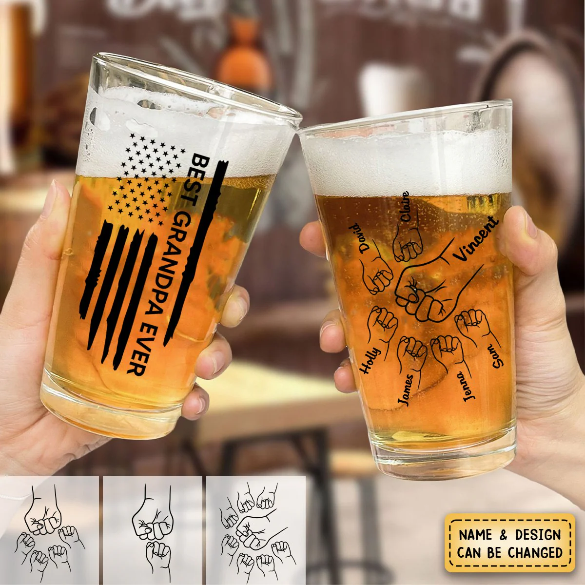 Personalized Best Dad Papa Grandpa Ever Fist Bump Outline Beer Glass - Image 5