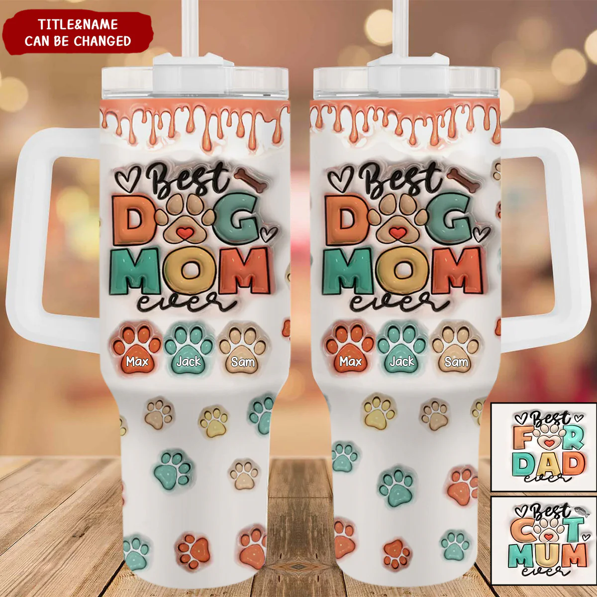 Personalized Best Dog & Cat Mom Ever -40 Oz Stainless Steel Tumbler With Handle - Image 2