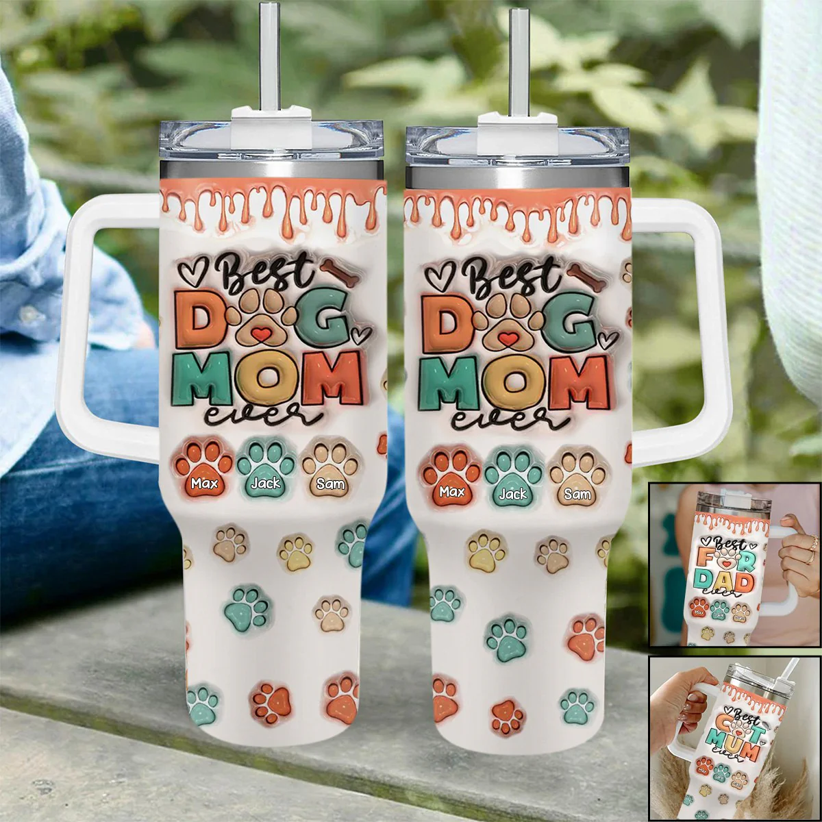 Personalized Best Dog & Cat Mom Ever -40 Oz Stainless Steel Tumbler With Handle - Image 5