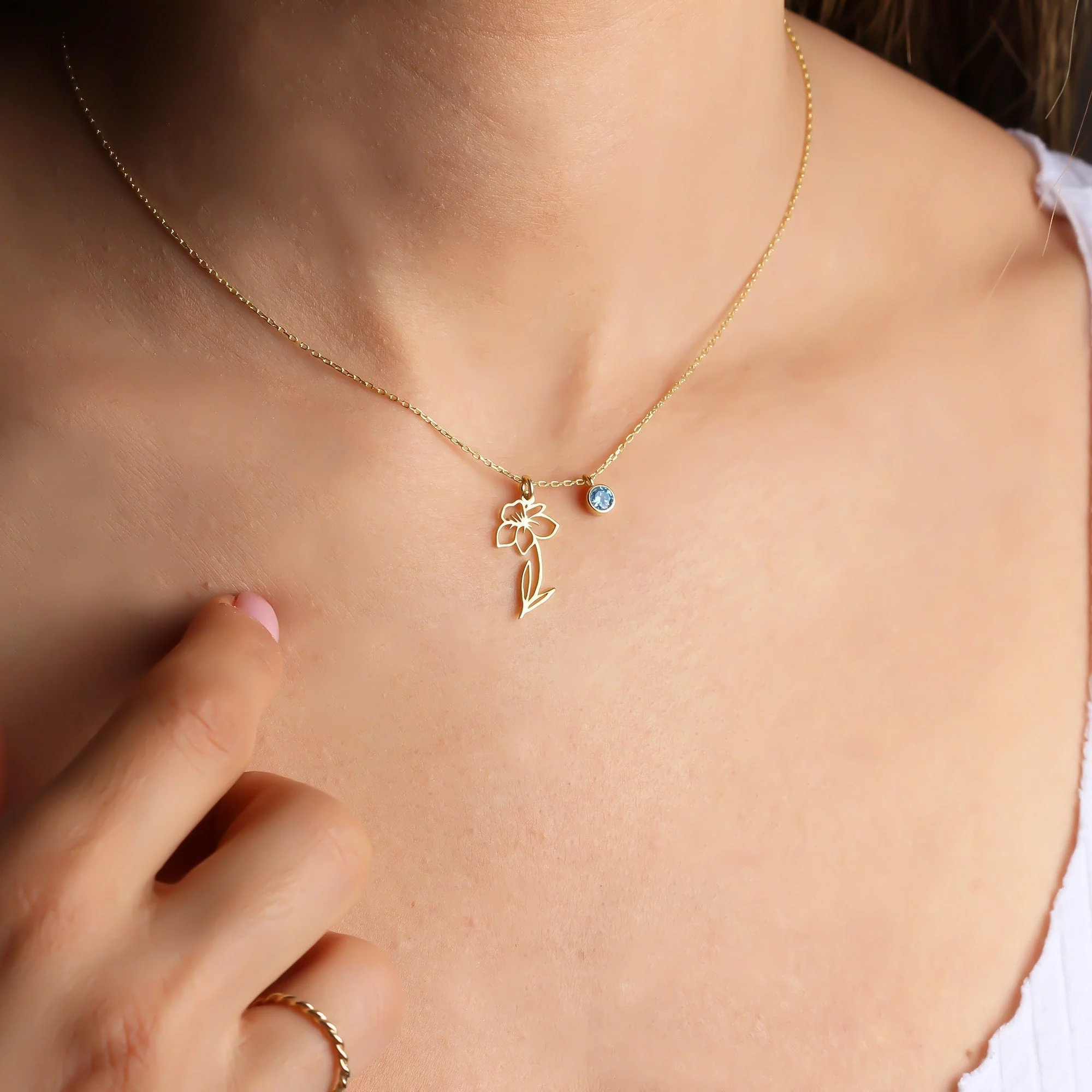Personalized Birth Flower, Birthstone Birth Flower Necklace - Image 5