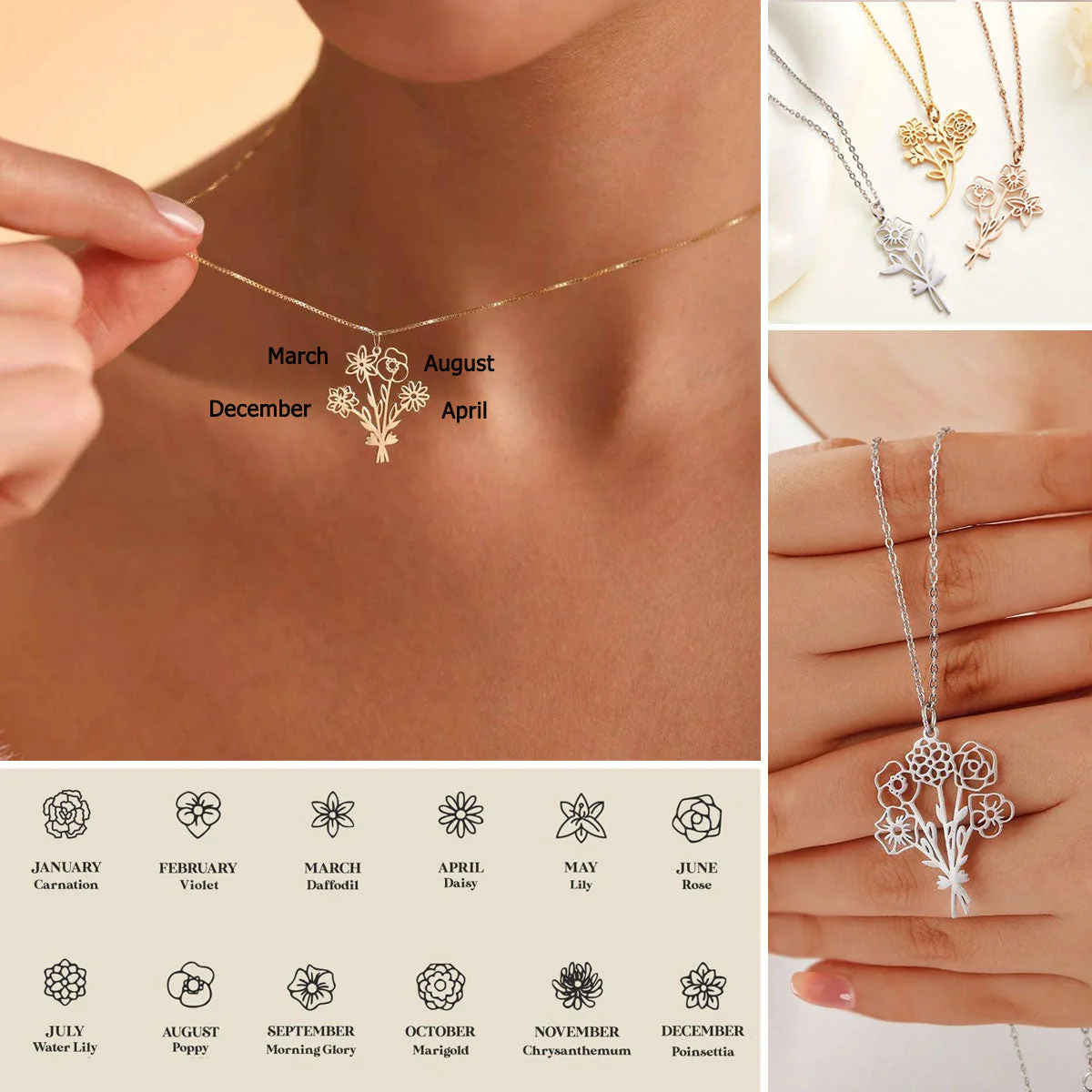 Personalized Birth Flower Bouquet Necklace Gift For Family, Friend - Image 2