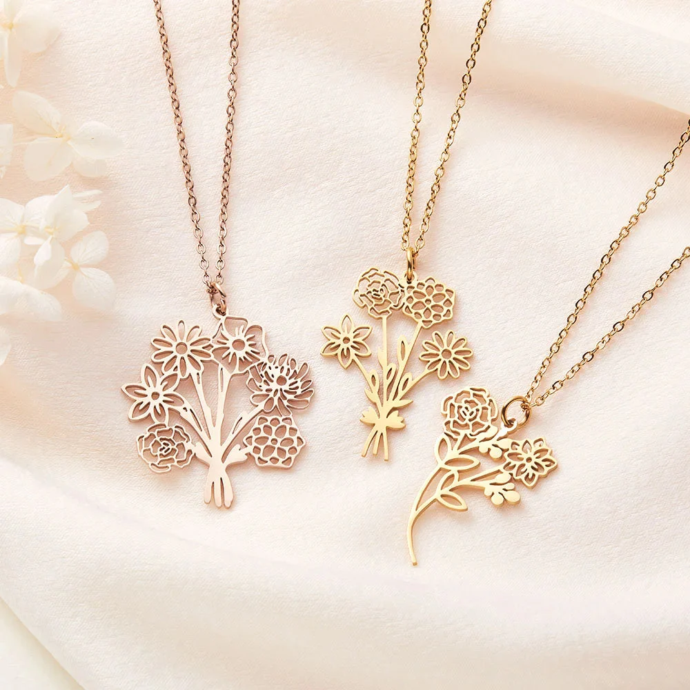 Personalized Birth Flower Bouquet Necklace Gift For Family, Friend - Image 3