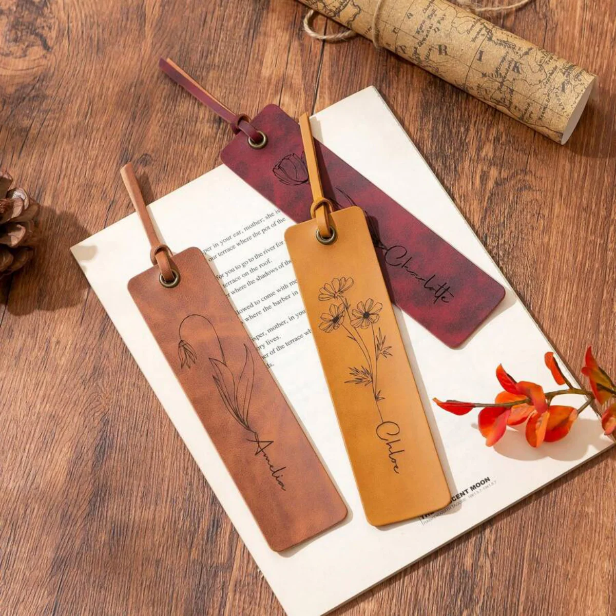 Personalized Birth Flower Custom Name Leather Bookmark Gifts for Readers - Image 2