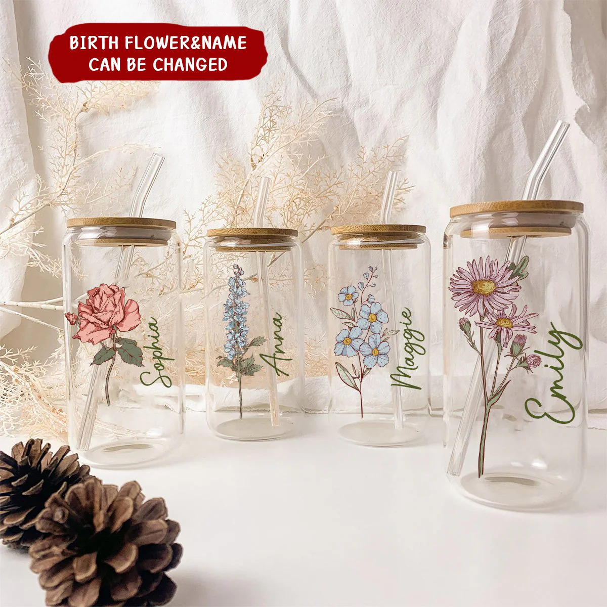 Personalized Birth Flower Gift For Women Friend Bridesmaid Clear Glass Cup - Image 2