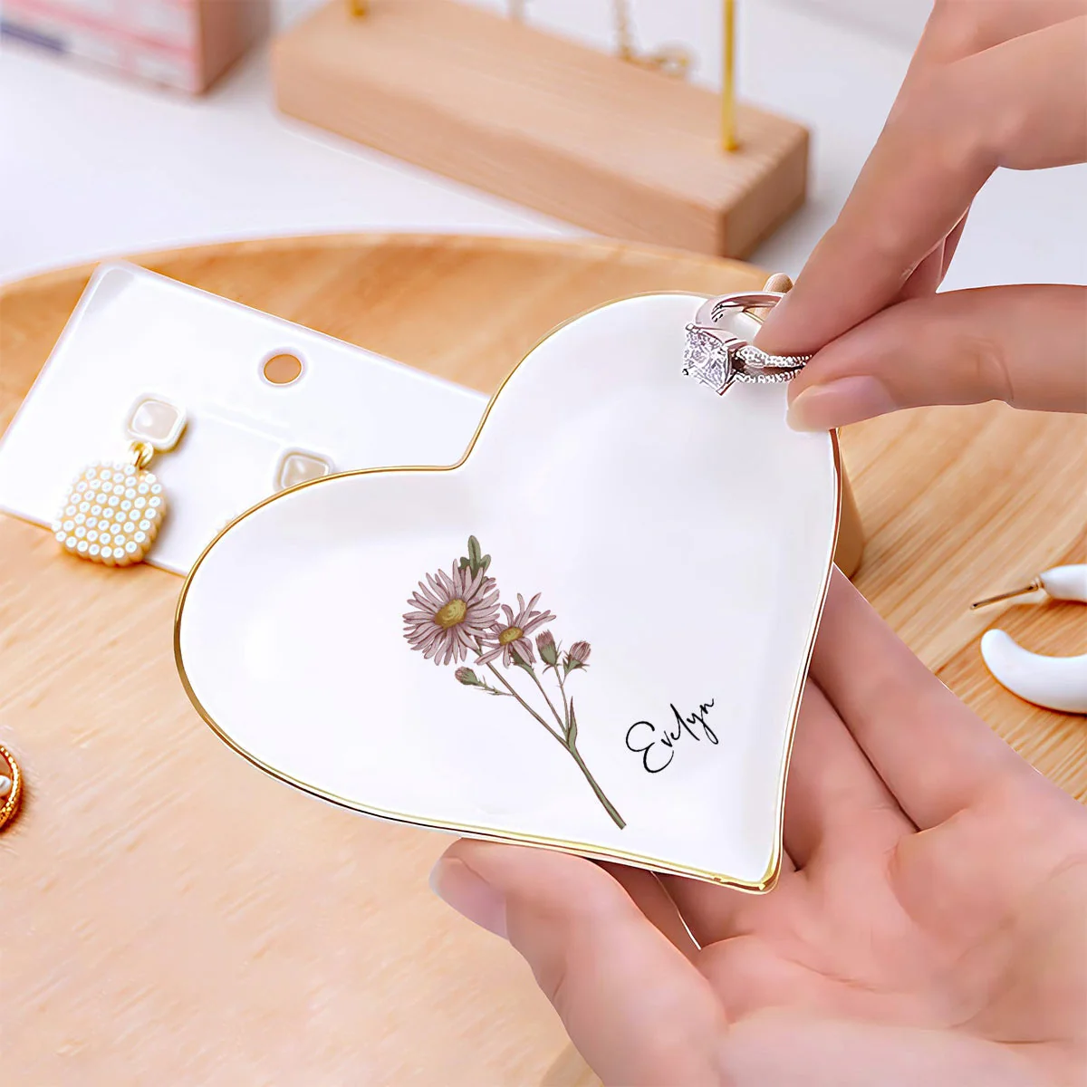 Personalized Birth Flower Ring Jewelry Dish for friends Wedding gifts Bridesmaids - Image 5