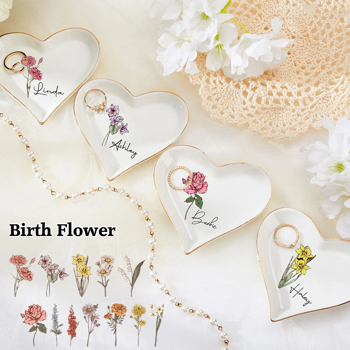 Personalized Birth Flower Ring Jewelry Dish for friends Wedding gifts Bridesmaids - Image 7