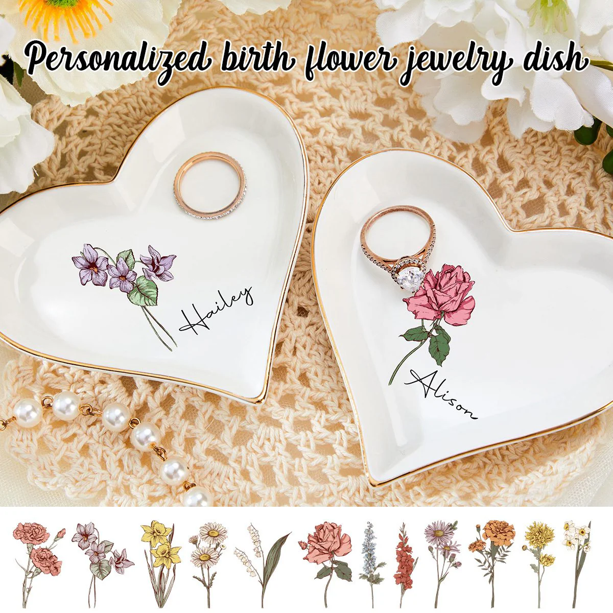 Personalized Birth Flower Ring Jewelry Dish for friends Wedding gifts Bridesmaids - Image 9