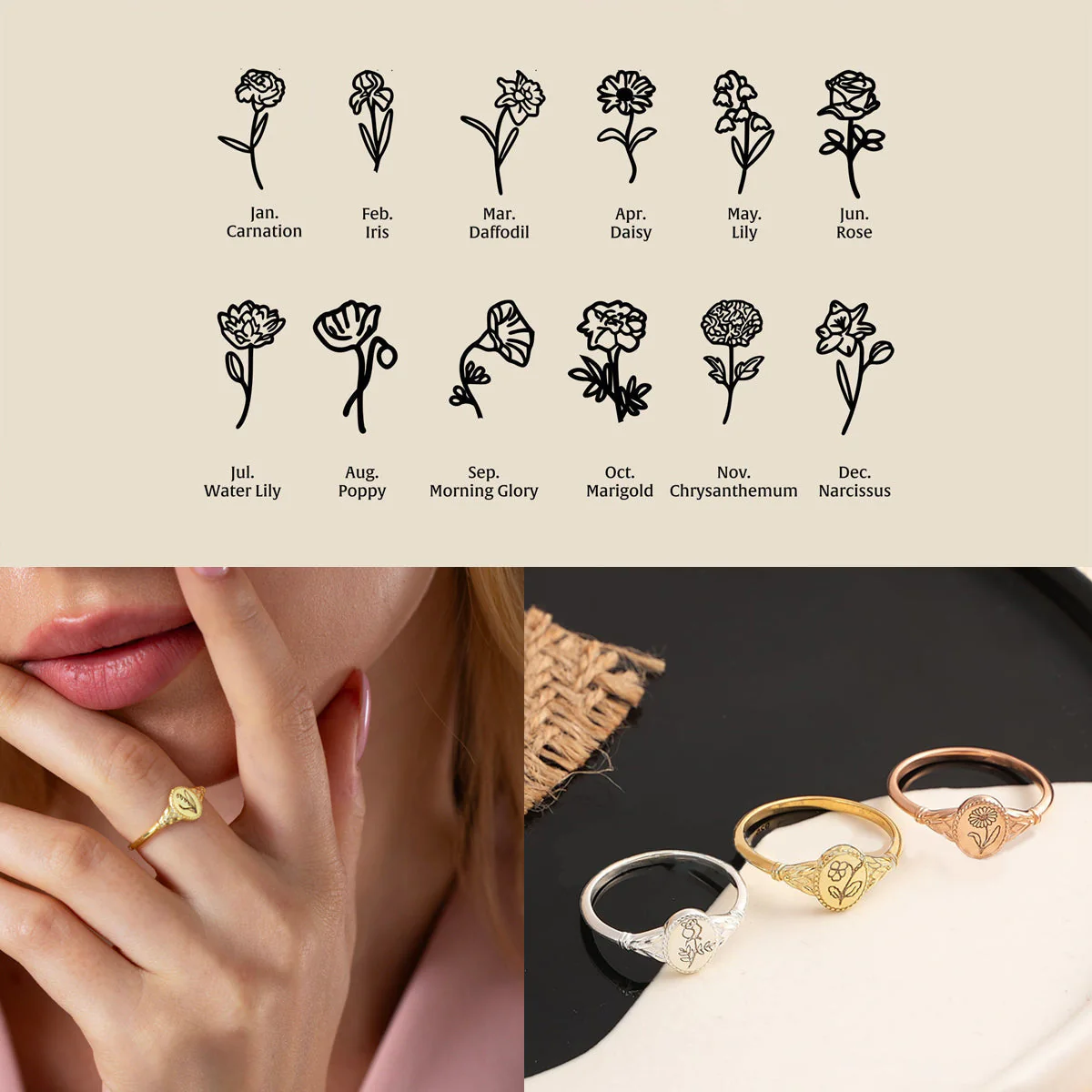 Personalized Birth Flower Signet Ring Gift For Mom/Grandma/Sister - Image 3