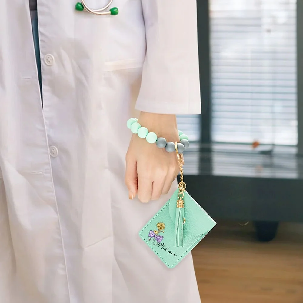 Personalized Birth Flower Bow-knot Tassel Keychain Wristlet Leather Wallet with Beaded Bracelet Birthday Nurse Week Gift for Medical Staff - Image 3