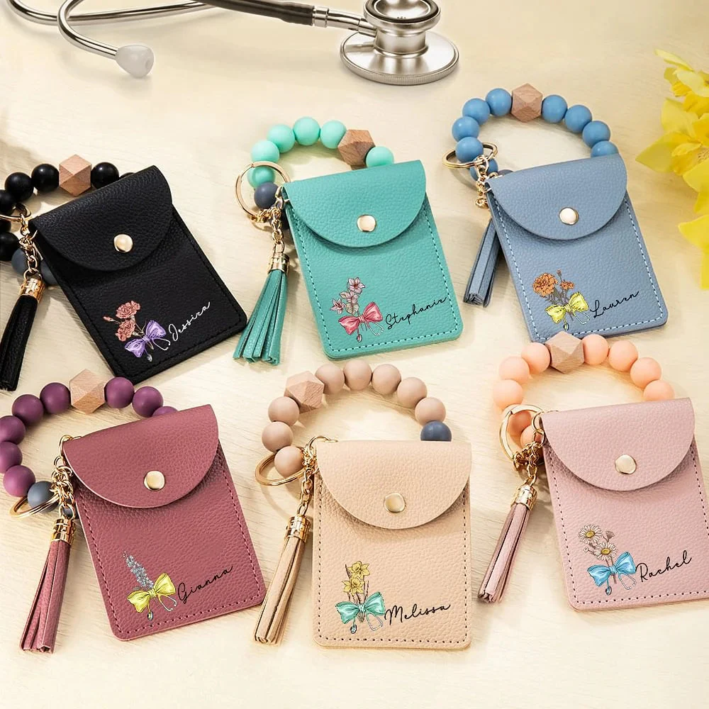 Personalized Birth Flower Bow-knot Tassel Keychain Wristlet Leather Wallet with Beaded Bracelet Birthday Nurse Week Gift for Medical Staff - Image 4