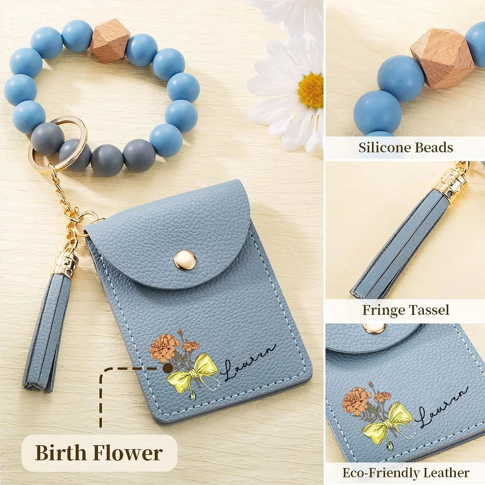 Personalized Birth Flower Bow-knot Tassel Keychain Wristlet Leather Wallet with Beaded Bracelet Birthday Nurse Week Gift for Medical Staff - Image 5