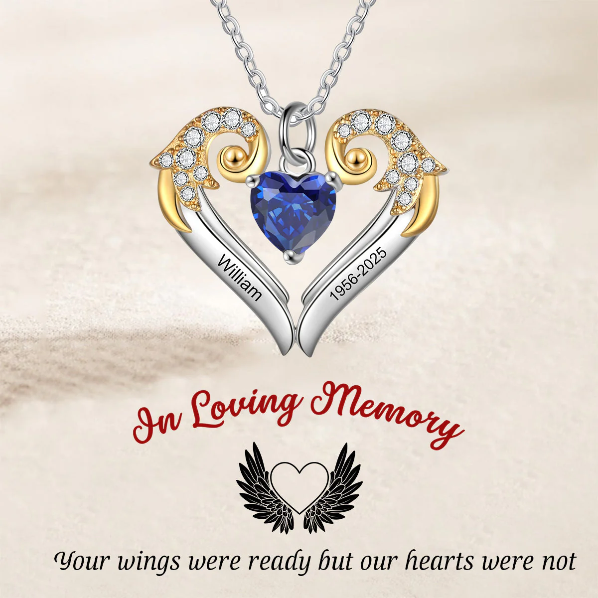 Personalized Birthstone Heart Wings Memorial Necklace - Image 2
