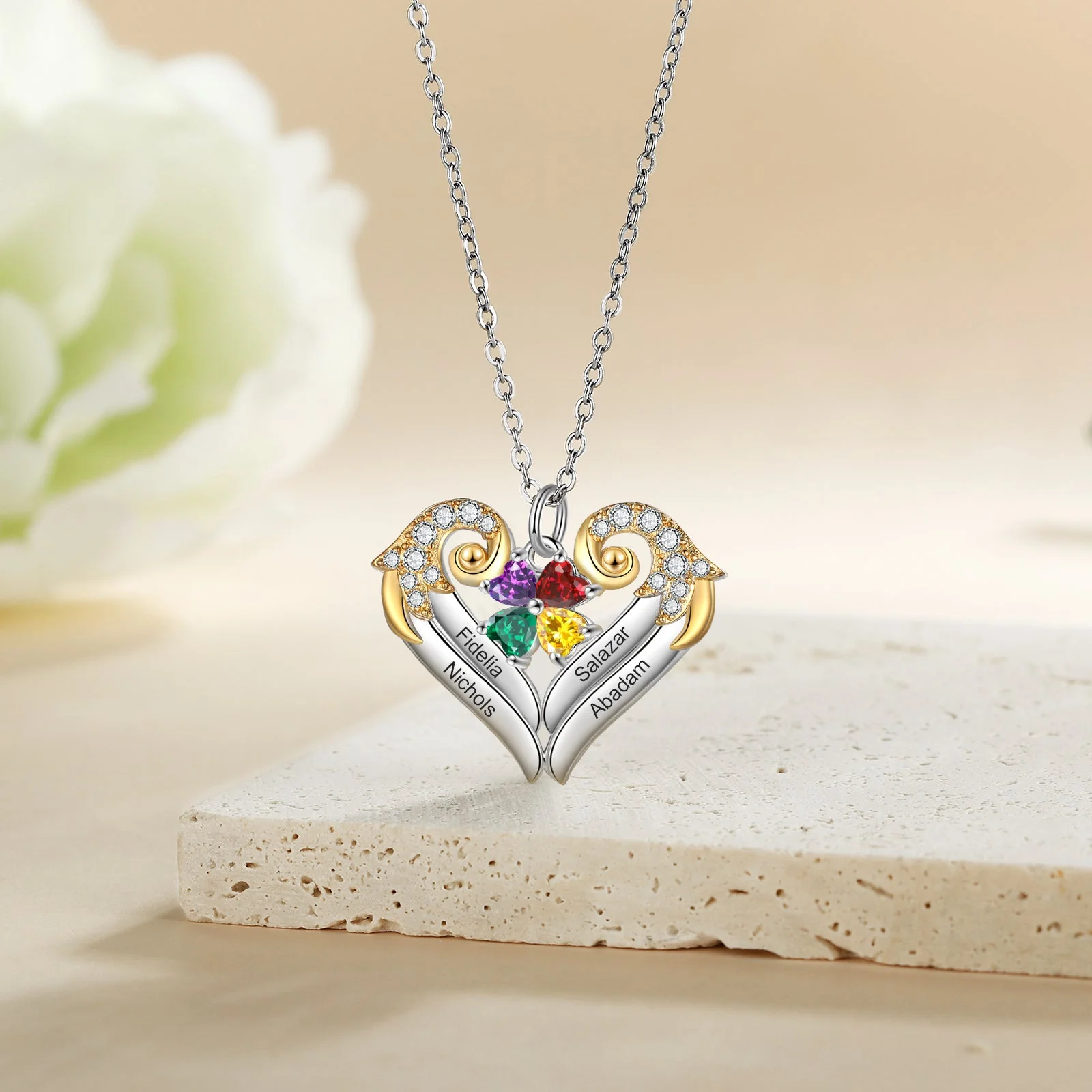 Personalized Birthstone Heart Wings Memorial Necklace - Image 3