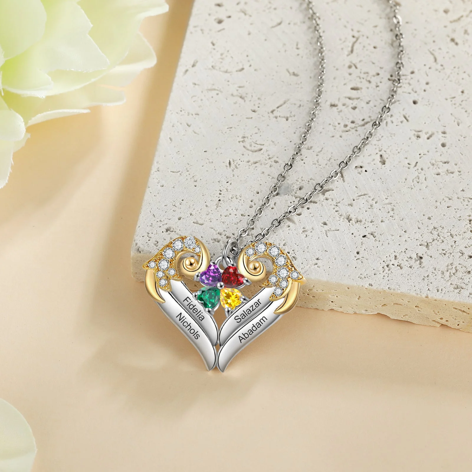 Personalized Birthstone Heart Wings Memorial Necklace - Image 4
