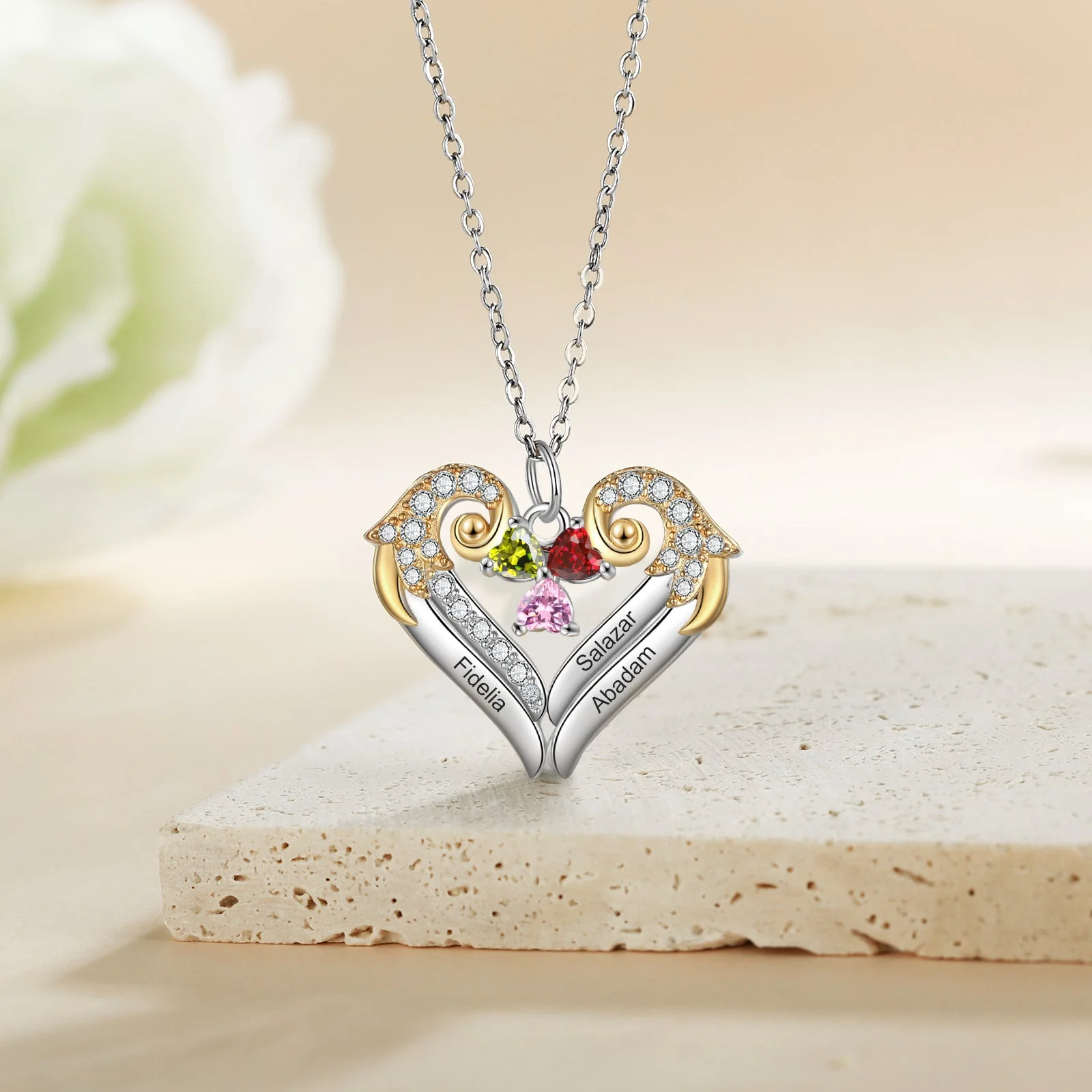 Personalized Birthstone Heart Wings Memorial Necklace - Image 5