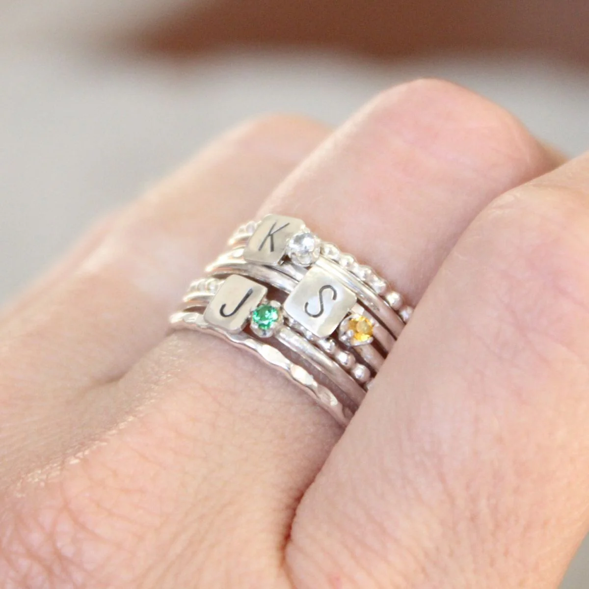 Personalized Birthstone Ring with Initials Stacking Rings - Mother's Rings - Image 3