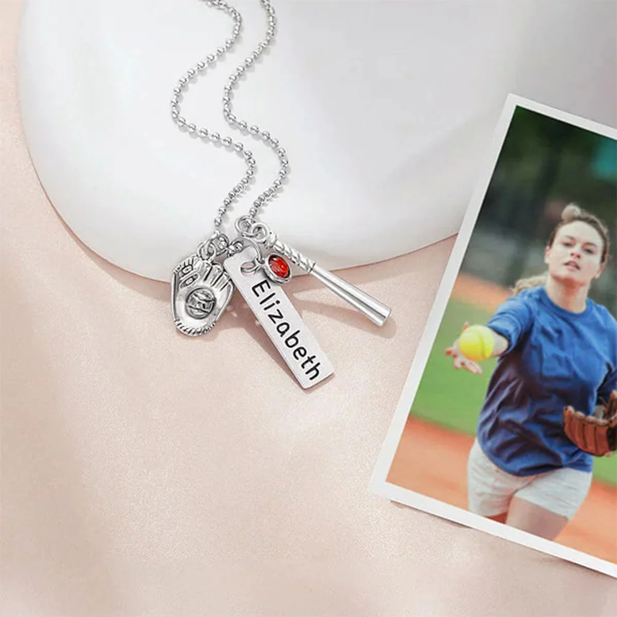 Personalized Birthstone Softball Baseball Bat Glove Necklace with Engraved Name Game Day Team Birthday Gift for Sports Lover - Image 4