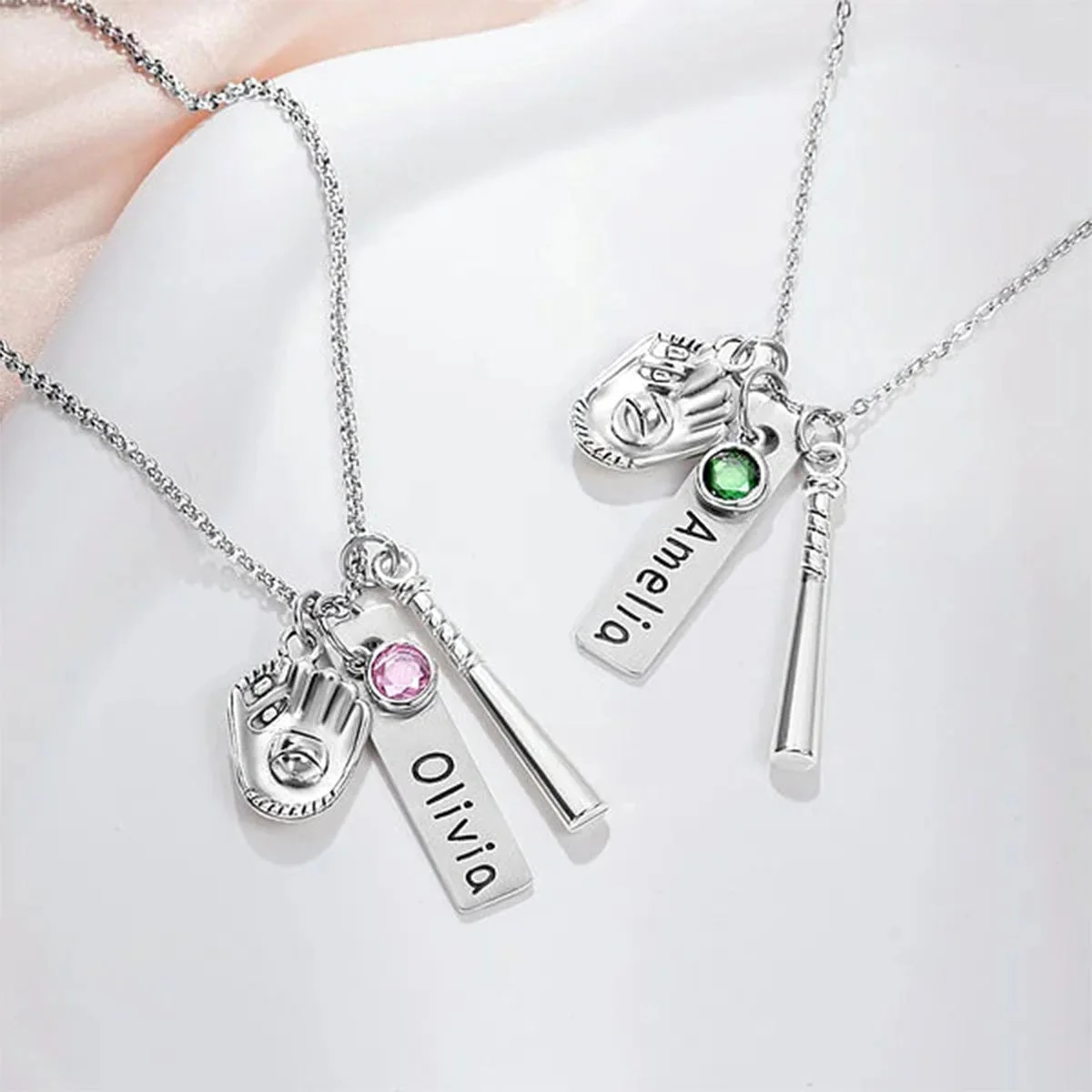 Personalized Birthstone Softball Baseball Bat Glove Necklace with Engraved Name Game Day Team Birthday Gift for Sports Lover - Image 6